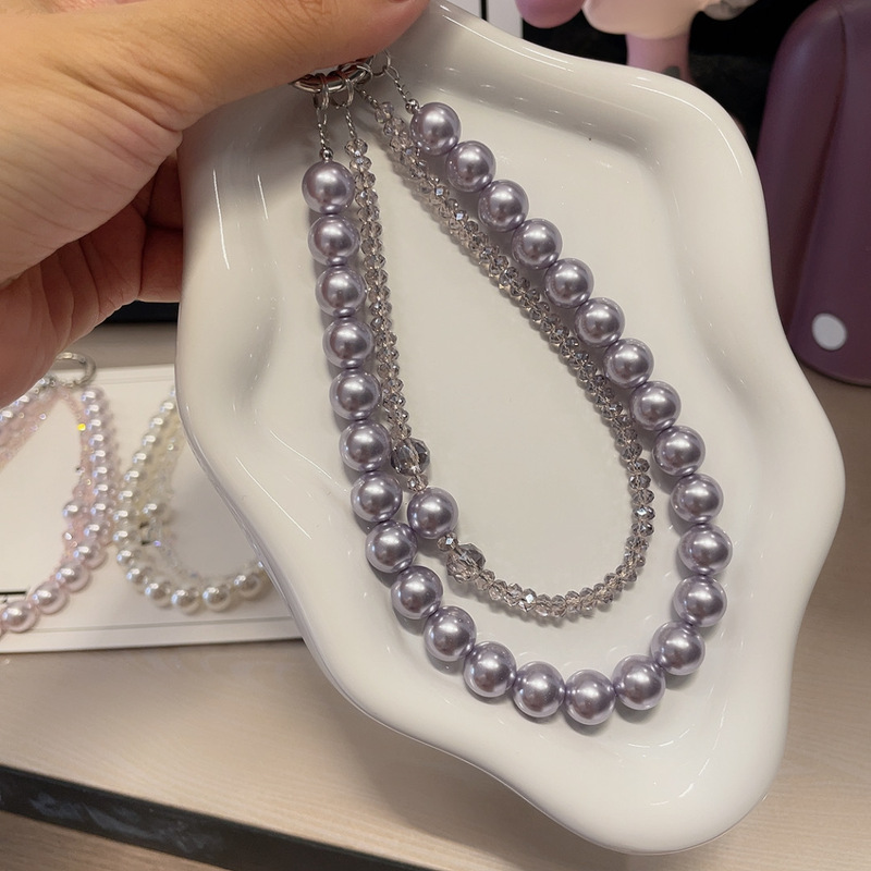 High-End Shijia Pearl Beads Double-Layer Crystal White Pink Purple Mobile Phone Chain Short Wrist Mobile Phone Pendant