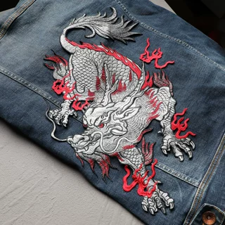 对称火麒麟布贴大小号中国风祥瑞刺绣名族服饰装饰绣花片无胶缝制