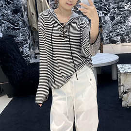 2026春季新品女装系带连帽条纹罩衫宽松长袖针织衫上衣MBF1SWT006