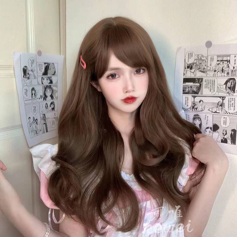 2024 Explosions Wig Women's Long Curly Hair Big Wave Rose Mesh Honey Tea Air Bangs Full Top Wig Cover in stock
