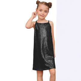 女孩亮片可调节细肩带铅笔吊带中长款紧身连衣裙闪亮派对 5060