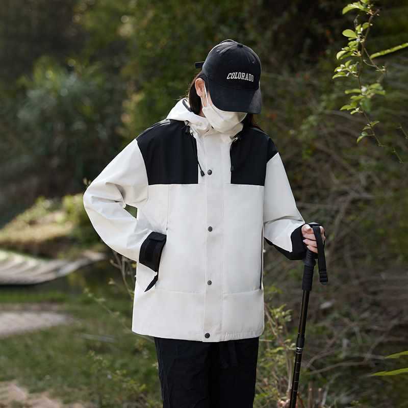 Sports Outdoor Single-Layer Jacket for Men and Women, Hooded Jacket, Couple Top, Black Ivory White Dark Khaki