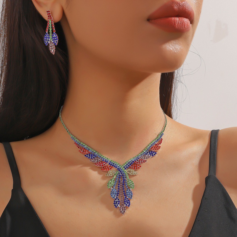 bride three piece necklace earrings grab chain mixed color rhinestone jewelry banquet jewelry set_voghion.com