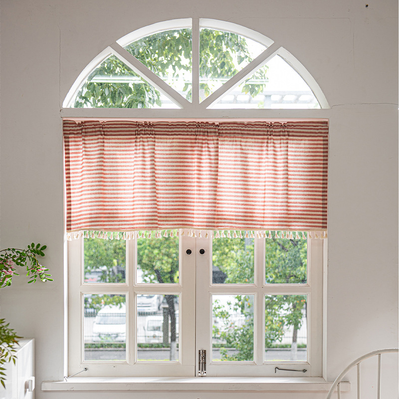 Amazon Cross-Border Finished Product Simple Yarn-Dyed Stripesd Short Curtain Tassel Linen Semi-Transparent Door Curtain Coffee Curtain Finished Product