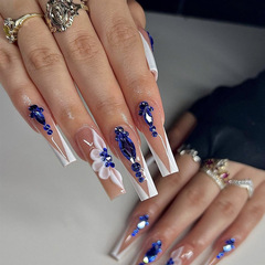 跨境法式穿戴甲批髮長款藍色閃鑽蝴蝶結美甲甲片可拆卸成品假指甲