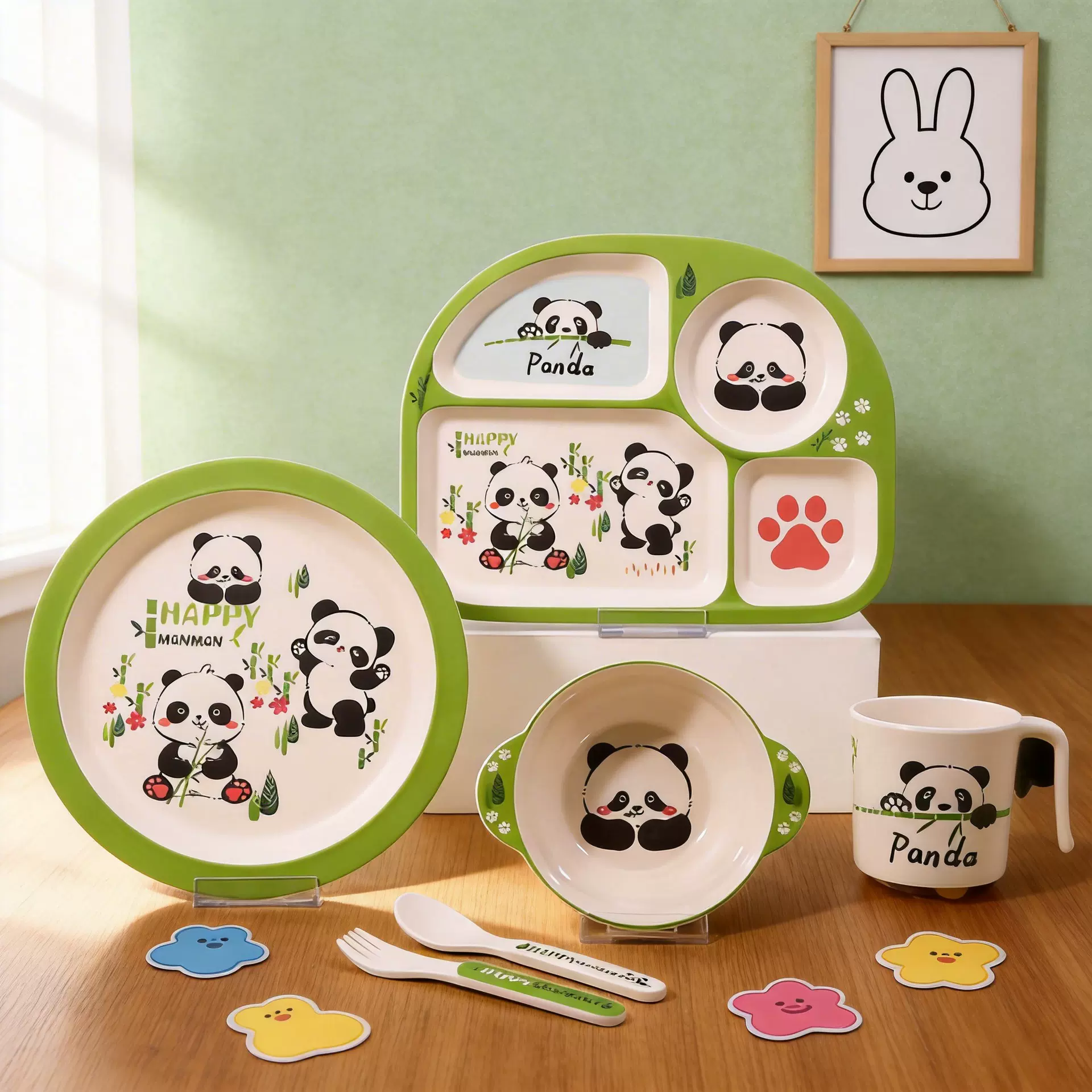 密胺竹纤维宝宝餐盘儿童分格吃饭碗熊猫辅食餐具套装安全认证现货