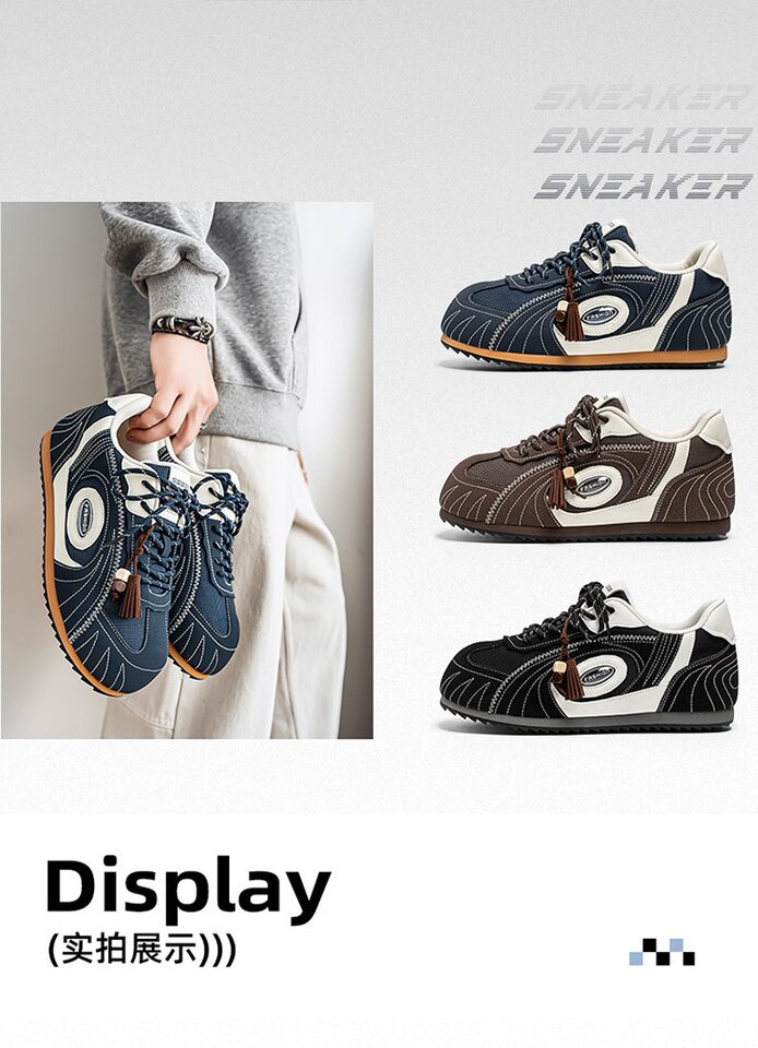 Giày sneaker nam da tổng hợp cổ thấp đế phẳng, kiểu giày tập luyện thể thao — Màu xanh da trời, màu nâu, đen chi tiết 4