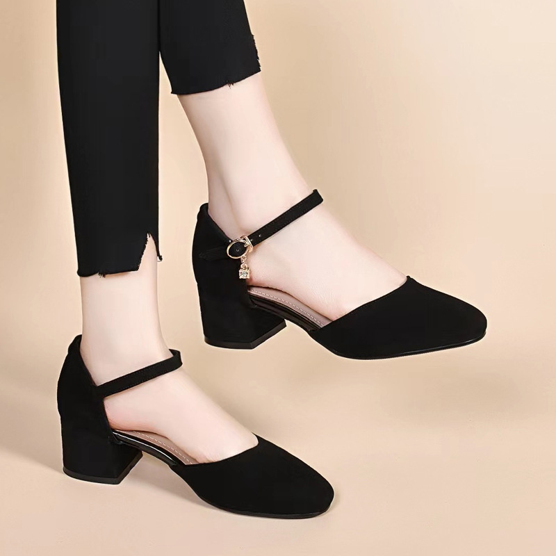 Sandal cao gót nữ quai ngang gót vuông da lộn — Màu đen Cashmere