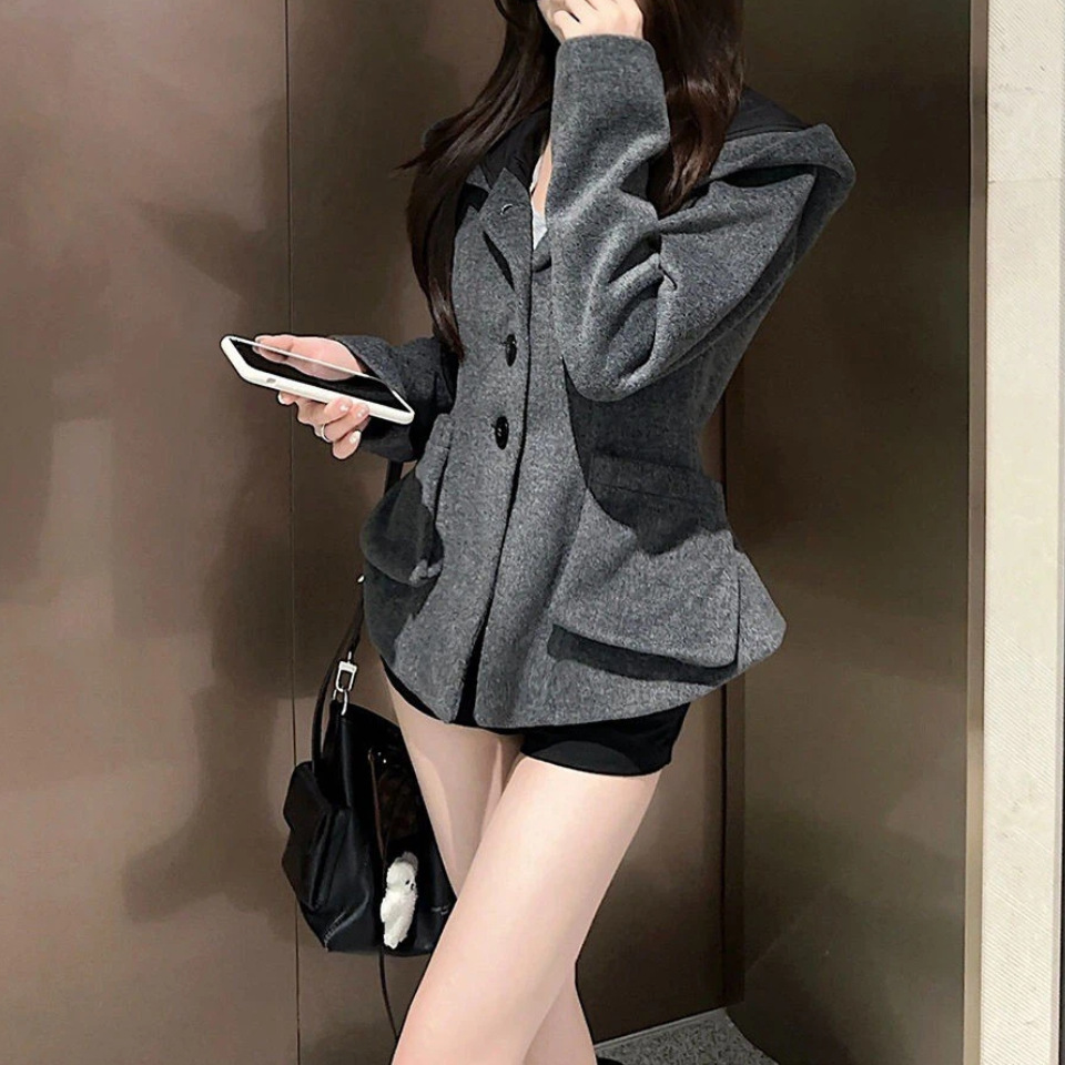 Gray Hooded Woolen Outwear Women's 2025 Autumn and Winter New Fashion Versatile Waist Slimming Look Woolen Short Outwear