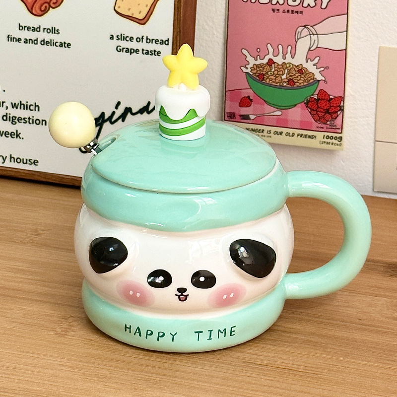 Regalo de cumpleaños taza de cerámica con cubierta de cuchara taza de agua de dibujos animados taza de regalo de mano taza de café doméstica de oficina mujer