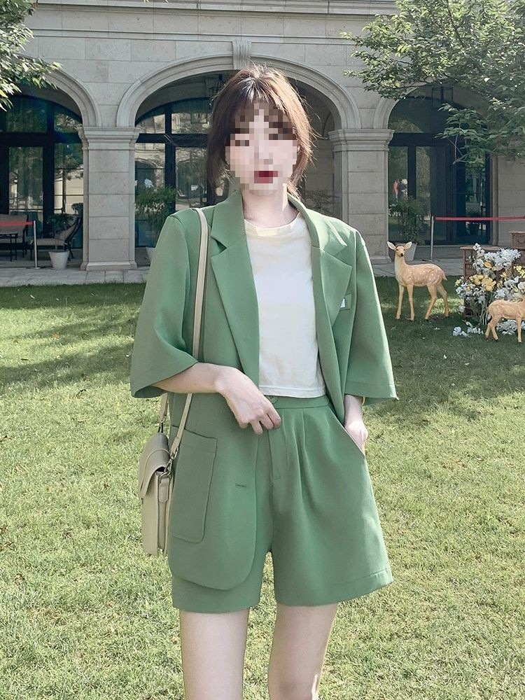 Bộ blazer nữ tay ngắn kèm quần short Hàn Quốc mỏng nhẹ mùa hè — Màu đen [Vải], Cỏ xanh [Vải], Gạo trắng [Vải], Màu hồng [Vải] chi tiết 19