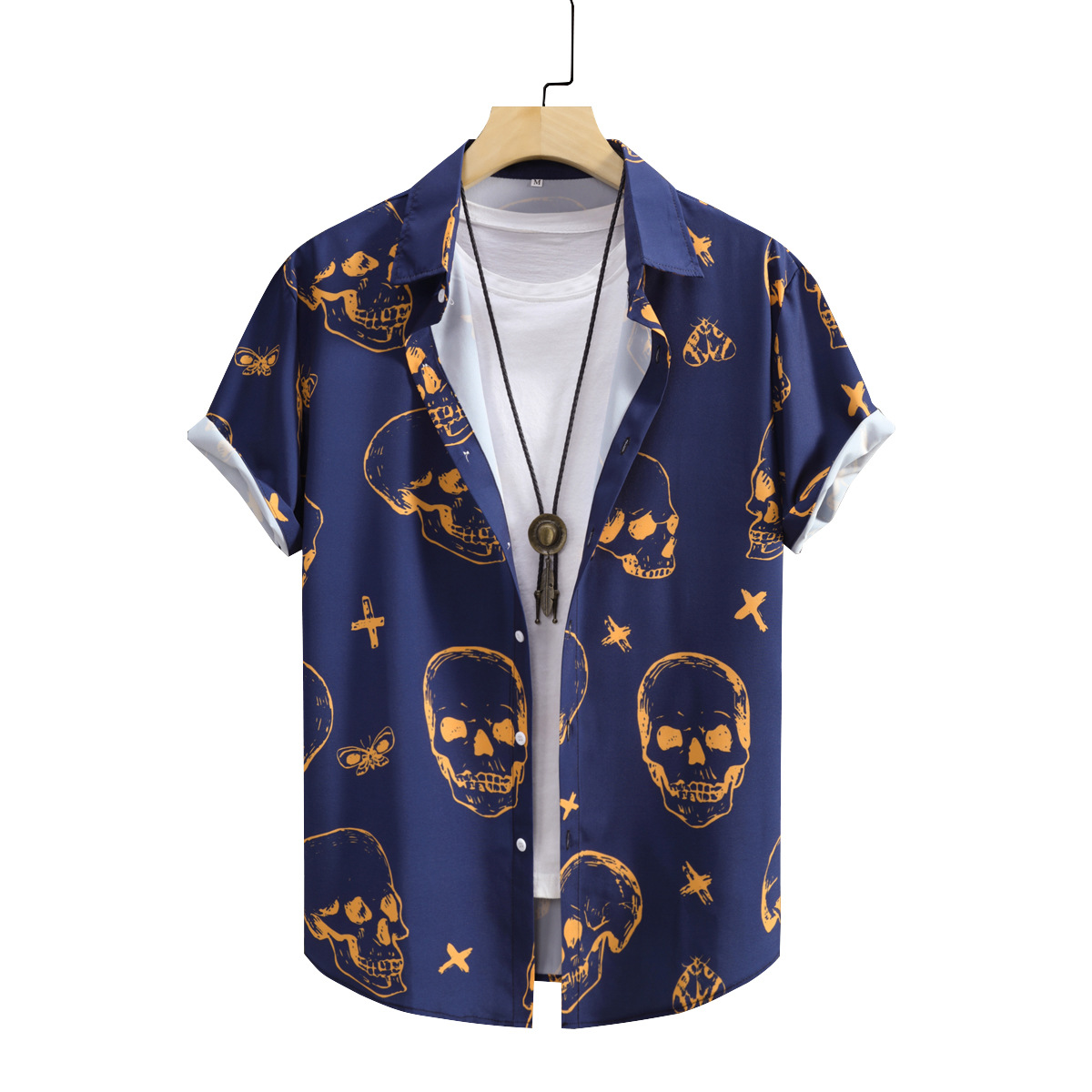 Camisa de los hombres del estilo punk de los hombres azul marino gran cráneo digital impreso camisa de manga corta 2023 verano nuevo