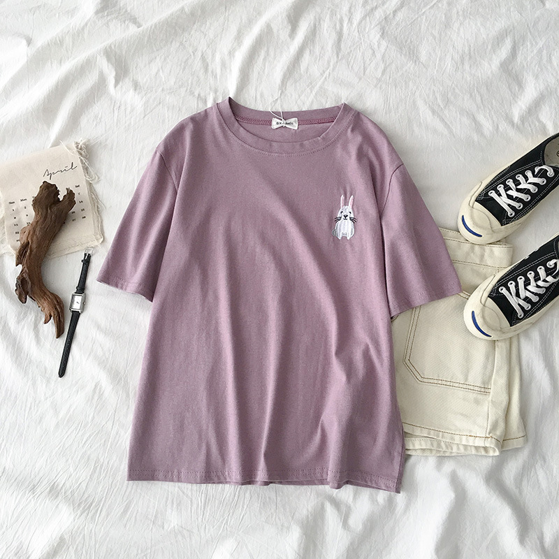 Nuova maglietta sudcoreana a maniche corte da studente con ricamo a forma di animale della Corea del Sud, girocollo, abiti estivi, vestibilità ampia, per donna_voghion.com