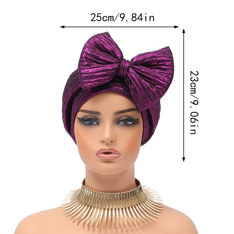 Muslim hat Fashion hot gold forehead big bow African bun hat stretch comfortable headscarf hat_viptrois.com