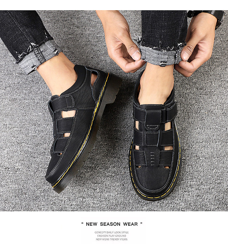 Dép sandal nam da thật bít mũi đế dày dán Velcro cỡ lớn — 202122 màu đen, 202122 đỏ nâu, Màu xám 202122 chi tiết 16