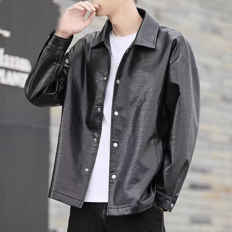 Crocodile Pattern Leather Jacket Men's Spring and Autumn Fashionable Ruffian Handsome Motorcycle Clothes Autumn and Winter Lapel Soft Leather Jacket Men's Wear