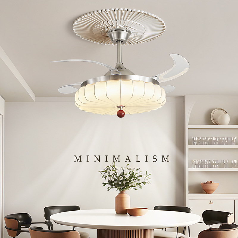 2025 New Fabric Bedroom Invisible Fan Lamp Cream Mid-Century Style Restaurant Ceiling Fan Lamp Silent All-In-One Retro Lamp