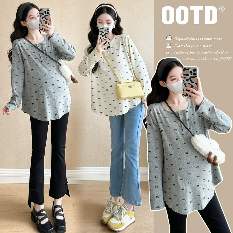 2025 новая корейская версия беременной женщины с длинным рукавом с бантом с круглым вырезом повседневная футболка большой размер свободный модный топ женский