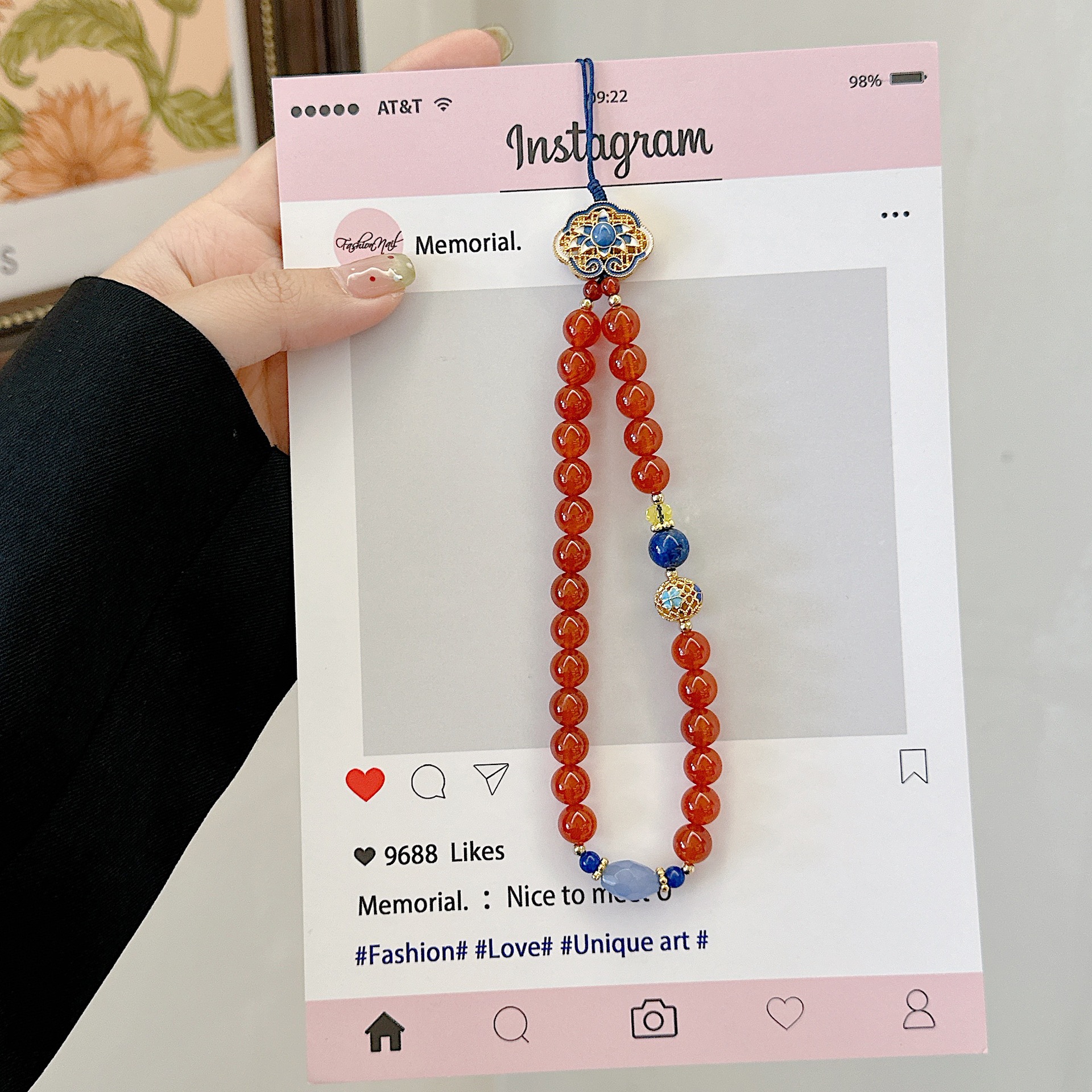 Cadena de teléfono móvil de alta gama hecha a mano boutique, piedra de ágata natural cloisonné, cordón de teléfono móvil de moda, colgante de cadena corta