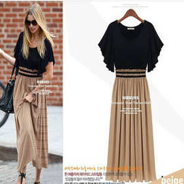 2021欧美新款雪纺拼接撞色针织大摆连衣裙外贸大码女装裙子