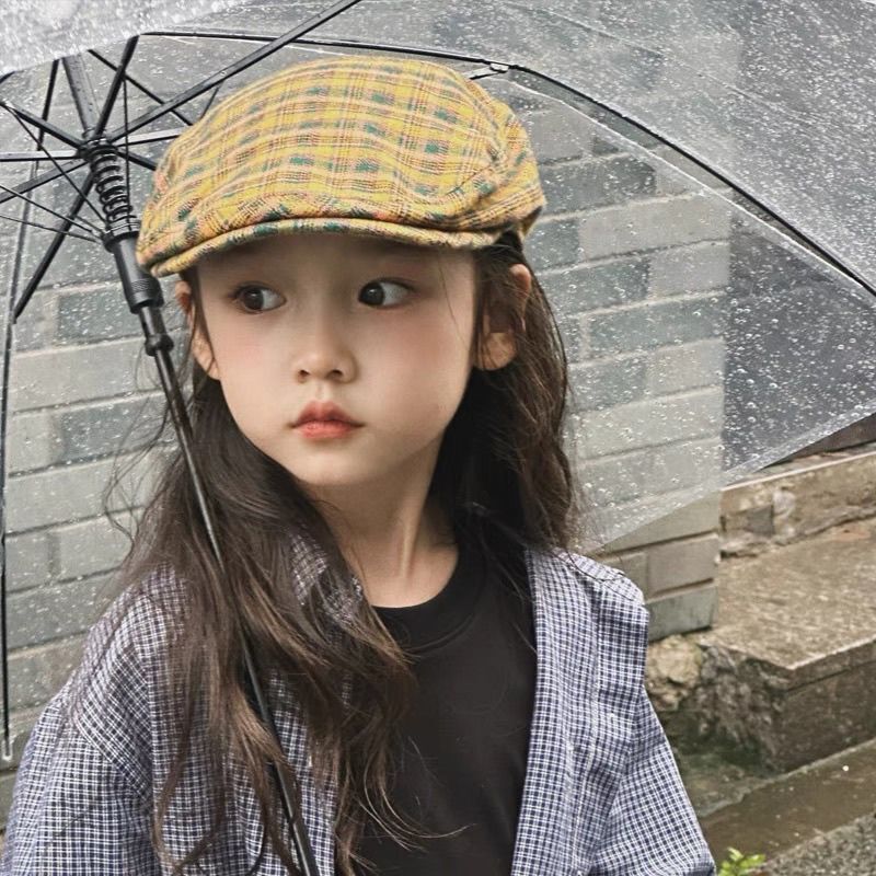 中童格子前进帽子儿童春秋季新款日系复古洋气个性百搭画家贝雷帽|undefined