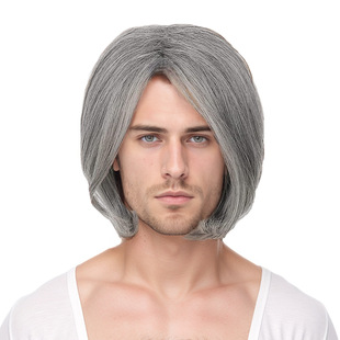 TEMU European and American men's short straight hair silver gray middle-aged and elderly partial matte high temperature silk wig headgear overseas substitute hair