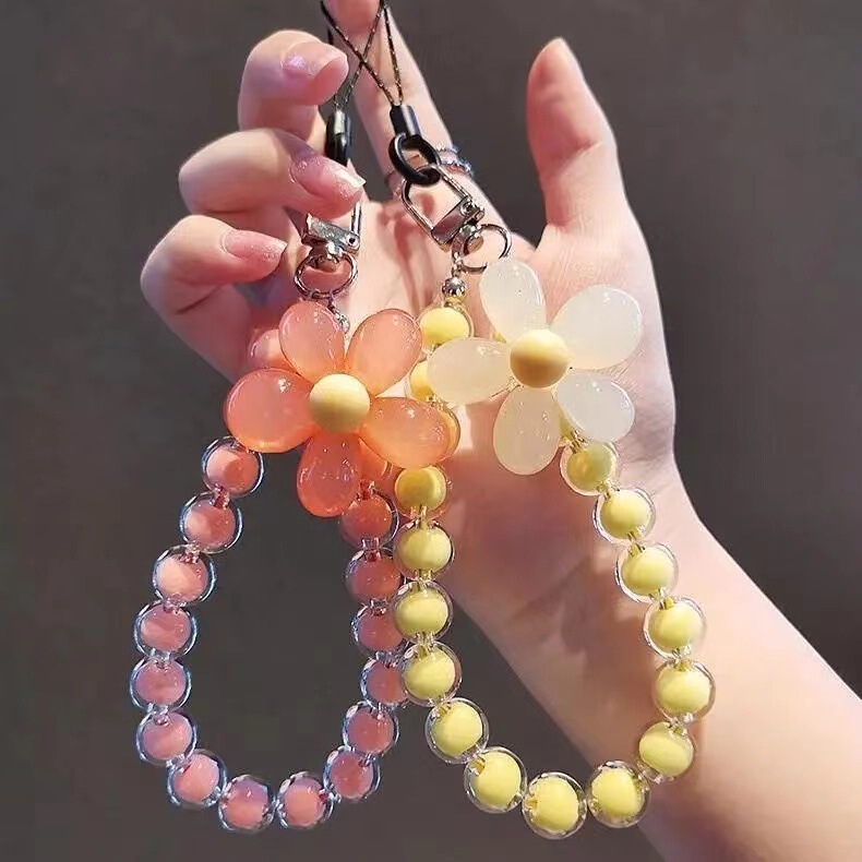 Macaron Color Beads Petal Mobile Phone Lanyard Japanese and Korean Ins Style Handmade Beaded Flower Mobile Phone Chain Wrist Rope
