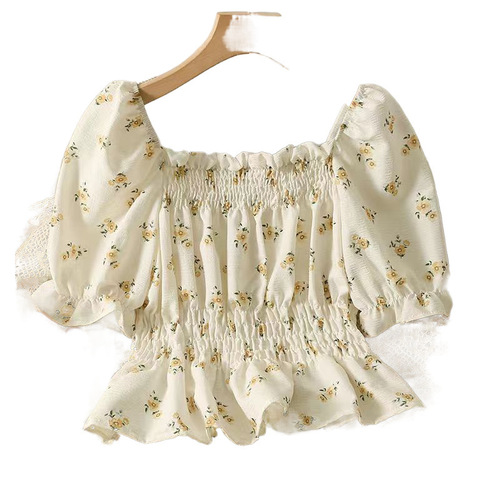 French square collar bubble sleeve women's 2025 summer one-shoulder top with fresh and clean waist-cinching short floral shirt