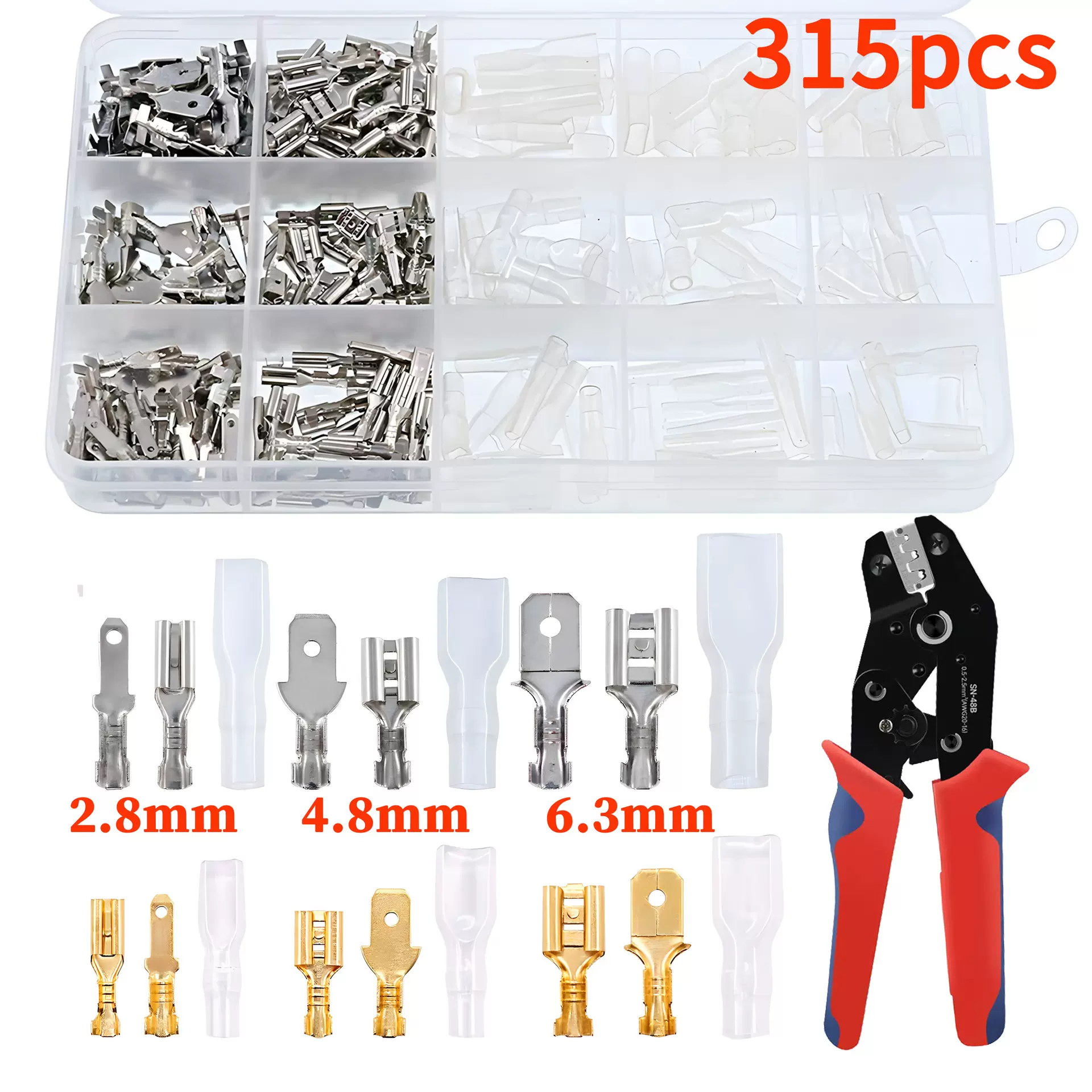 跨境货源315pcs裸端子插簧插片金色配护套盒装公母对插接线端子