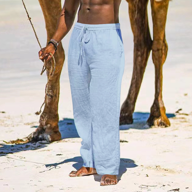 Pantalon de sport droit et respirant en coton et chanvre pour hommes, ample et décontracté, été 2024_voghion.com