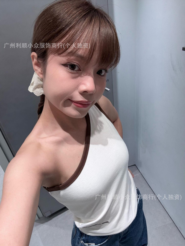 现货韩国 restandrecreation新款背心辣妹修身短款RR斜露肩吊带女|undefined