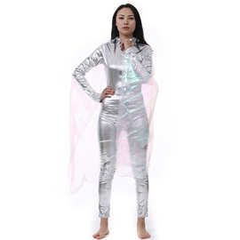 万圣节服装舞台表演服漆皮连体衣银色太空外星人服装 粉色披肩