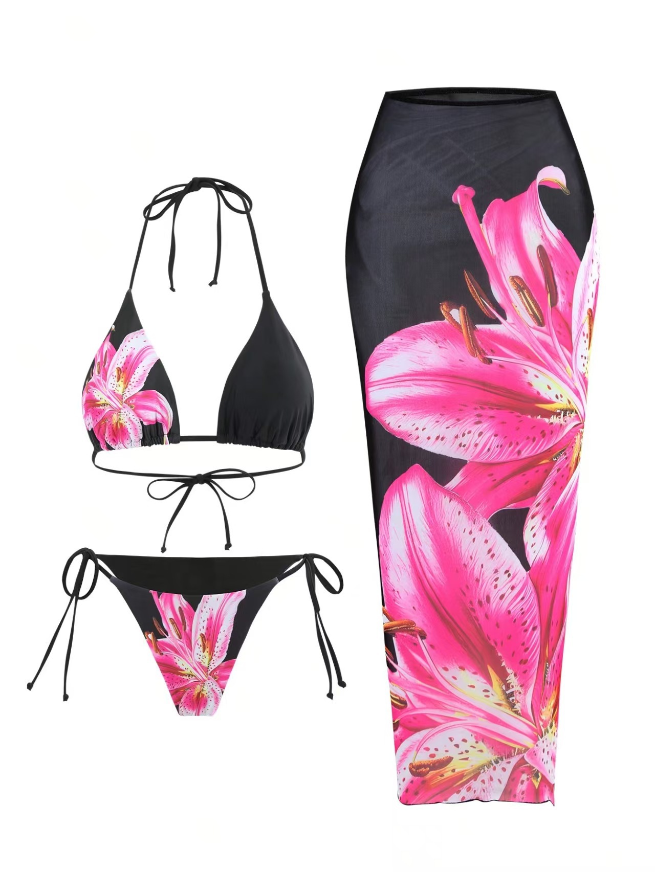 Women's Lily Print Three Piece Bikini Set With Wrap Skirt_voghion.com