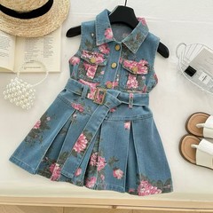 2025夏季女童牛仔连衣裙小女孩印花背心裙韩版收腰童裙薄款外贸