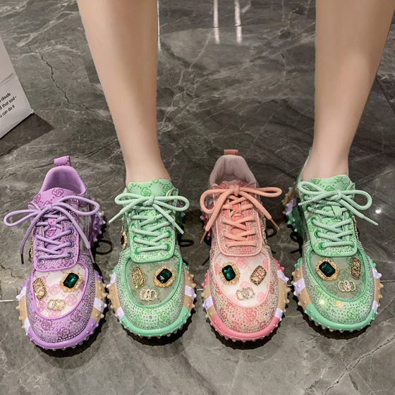 European Explosions Sneakers Women's Bright Diamond Fashionable Comfortable Single-Layer Shoes Women's Soft-Sole Torre Shoes All-Match Thick-Sole Casual Shoes