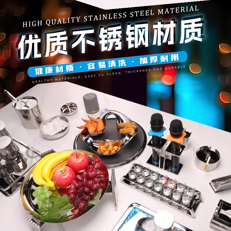 Nuevo diseño de KTV de acero inoxidable fino, barra de bar, juego completo de platos de frutas, decoración de escritorio de lujo ligero especial