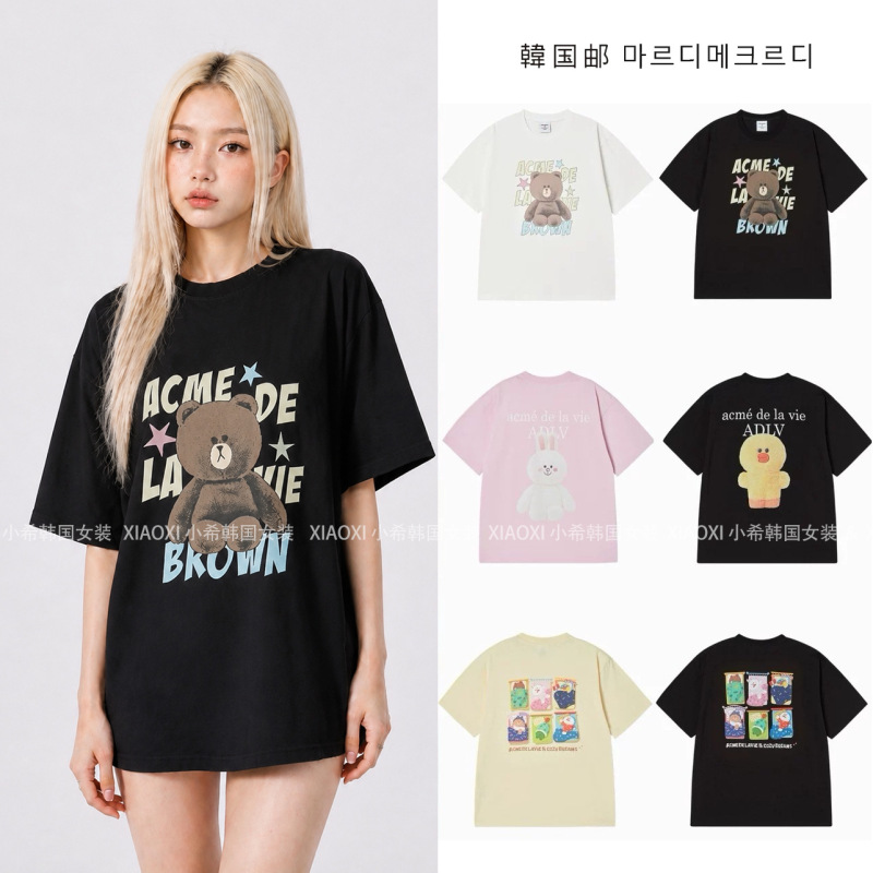 [Authentic Delivery] Korean Trendy Brand Adlv Collaboration Cute Bear and Rabbit Print Short-Sleeve T-Shirt Loose Fit for Women