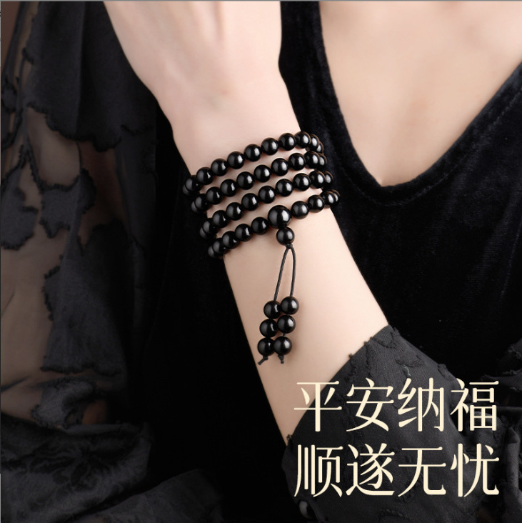 天然黑曜石手串108颗金曜佛珠蛇年本命年多圈手链串珠男女款批发|undefined