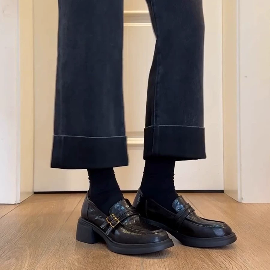 Версия из овчины ~ Туфли Lefu Женская английская весна и осень новый туфли на толстом каблуке ретро маленькие кожаные туфли для женщин