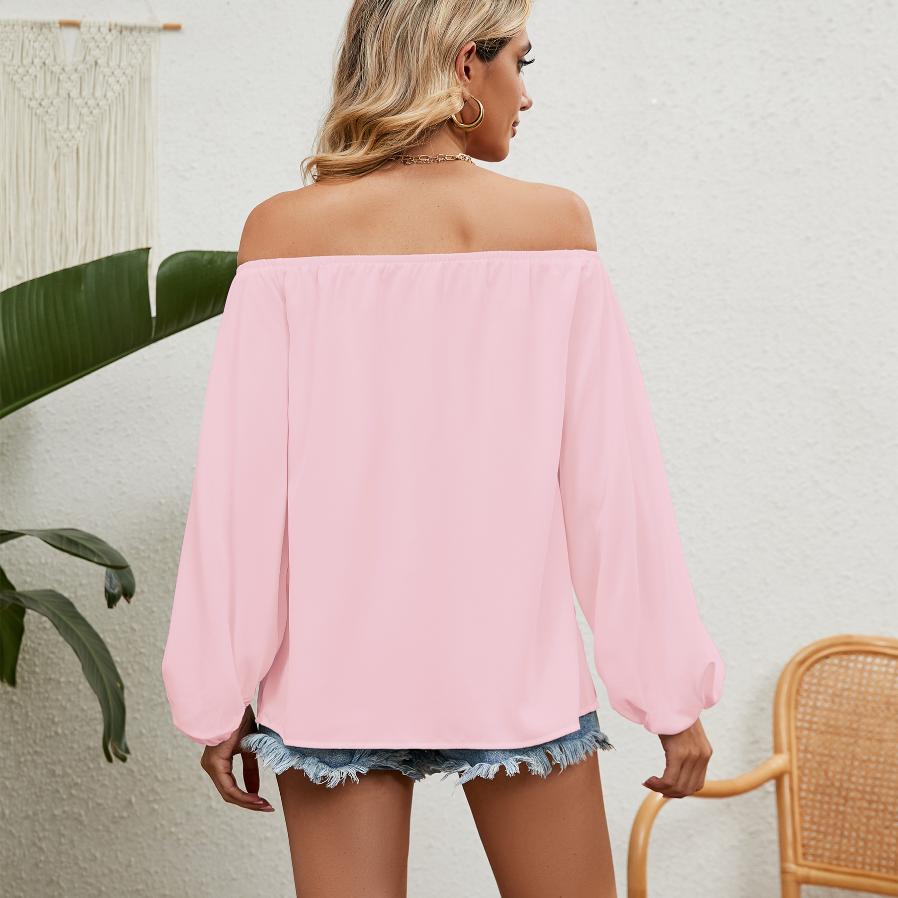 Women's T-shirt Solid Colour Chiffon Top With Line Collar_voghion.com