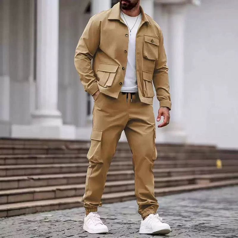 Giacca da lavoro europea e americana con fori incrociati, pantaloni lunghi multitasche, abbigliamento sportivo casual da esterno, completo da uomo alla moda._voghion.com