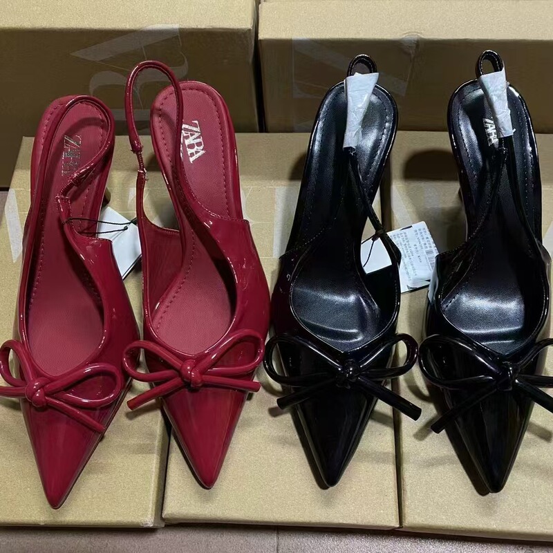 ZA2024 New New Red Patent Leather Bow Women's Shoes Fashionable Pointed Stiletto Heel Rear Trip Cool High Heels for Women ZA2024 New New Red Patent Leather Bow Women's Shoes Fashionable Pointed Stiletto Heel Rear Trip Cool High Heels for Women