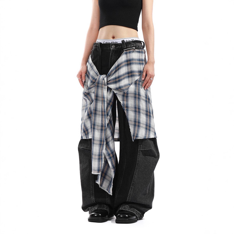 American Retro Fake Two-Piece Detachable Shirt with Flap Splicing Jeans for Men and Women, Loose Wide-Leg Straight Trousers