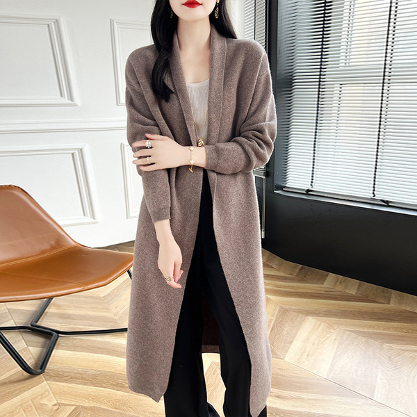 秋冬新款100纯羊毛大衣女士外搭中长款通勤百搭针织开衫毛衣外套