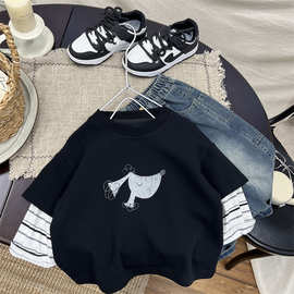 儿童长袖假两件上衣春季新品小狗男女童潮牌卫衣宝宝中小童打底衫