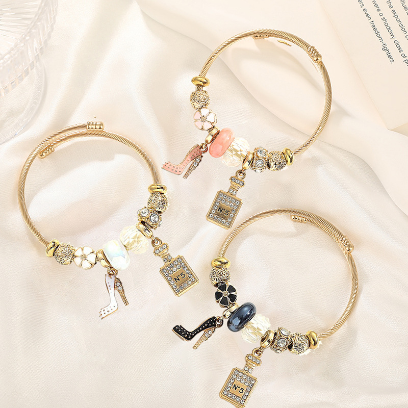 Panjia Stainless Steel Gold Bracelet Women's DIY Diamond High Heels Perfumery Bottle Pendant Opening Adjustable Bracelet Panjia Stainless Steel Gold Bracelet Women's DIY Diamond High Heels Perfumery Bottle Pendant Opening Adjustable Bracelet