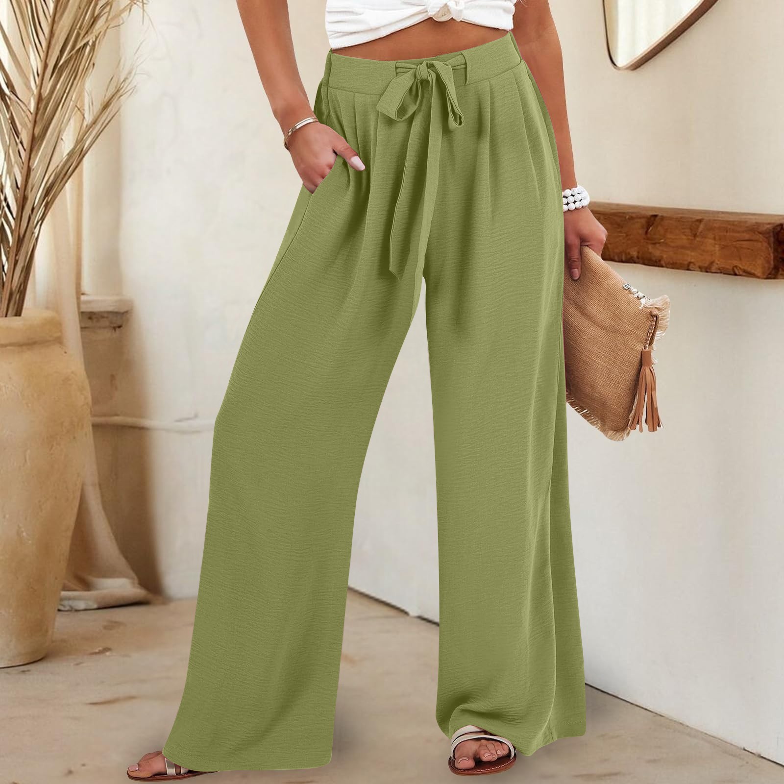 Women's Solid Color Waist Rope Loose Casual Wide Leg Long Pants Women's Clothing