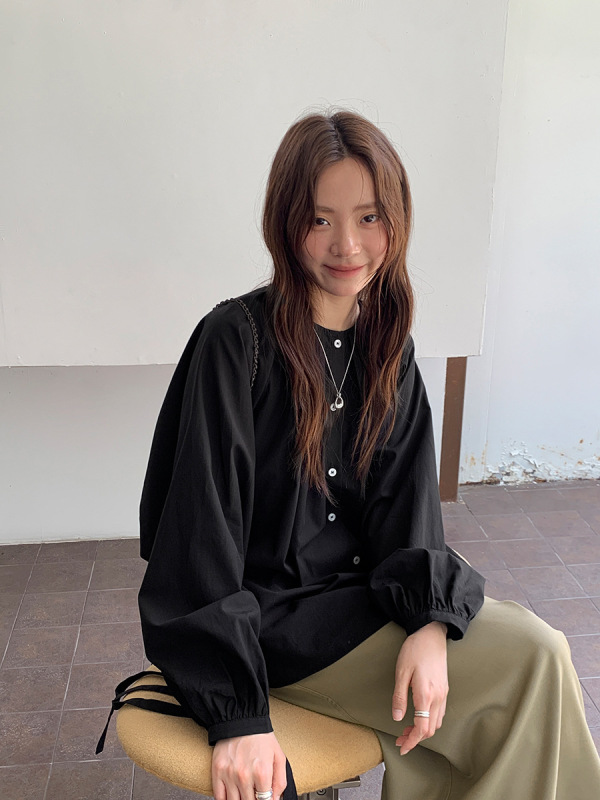 广州十三行2025秋韩宽松系绳收腰单排扣天丝圆领长袖衬衫女02821|undefined