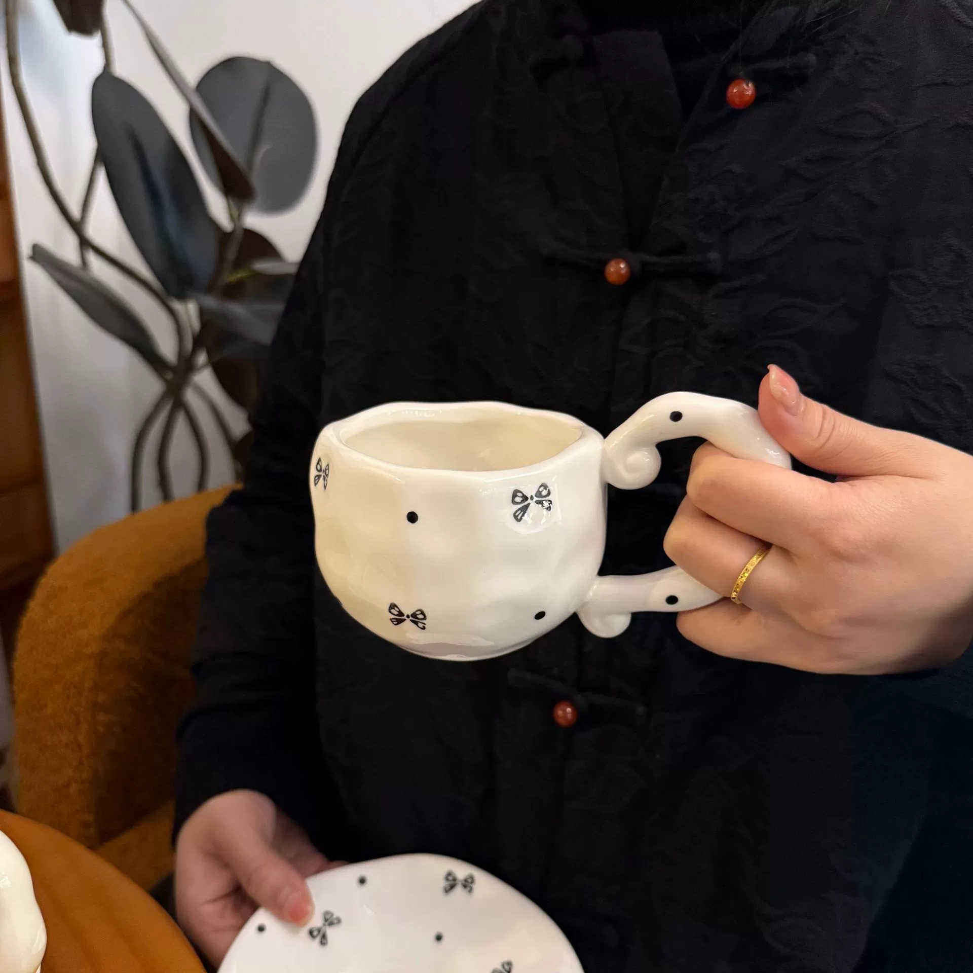 hand-painted ceramic coffee cup, francе retro из стиля, 300 мл, неравномерный милый дизайн