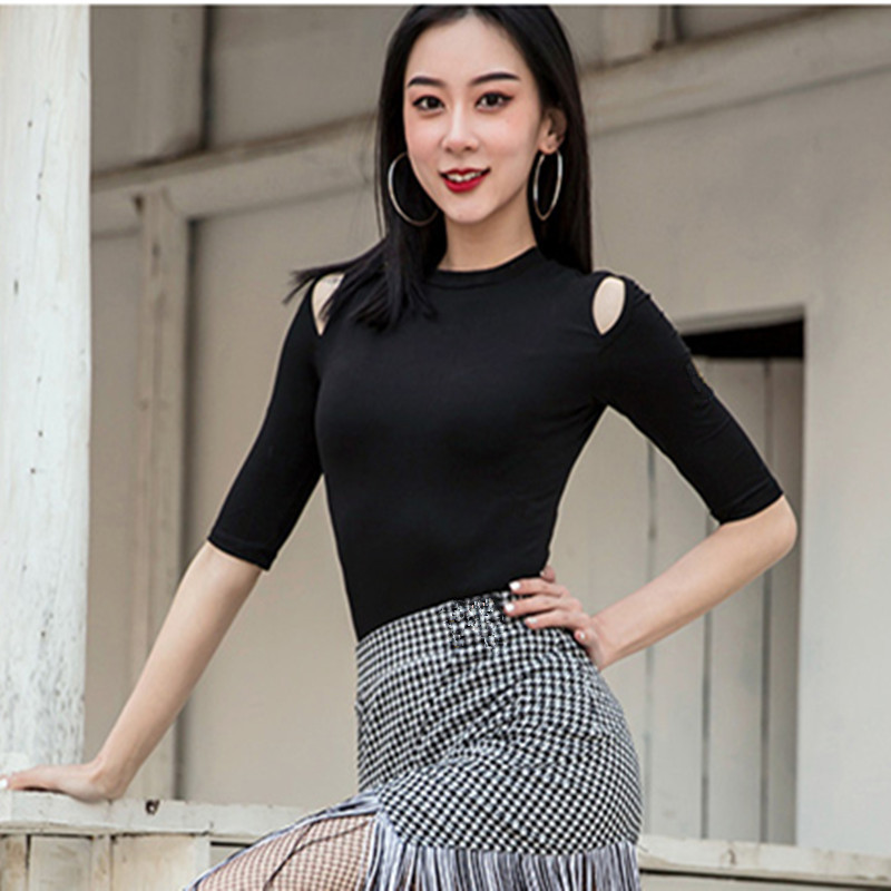 New Latin Dance Practice Clothes Women's Dance Clothes Sexy Leaky Shoulder Top Dance Clothing Hagittarius Square Dance Top